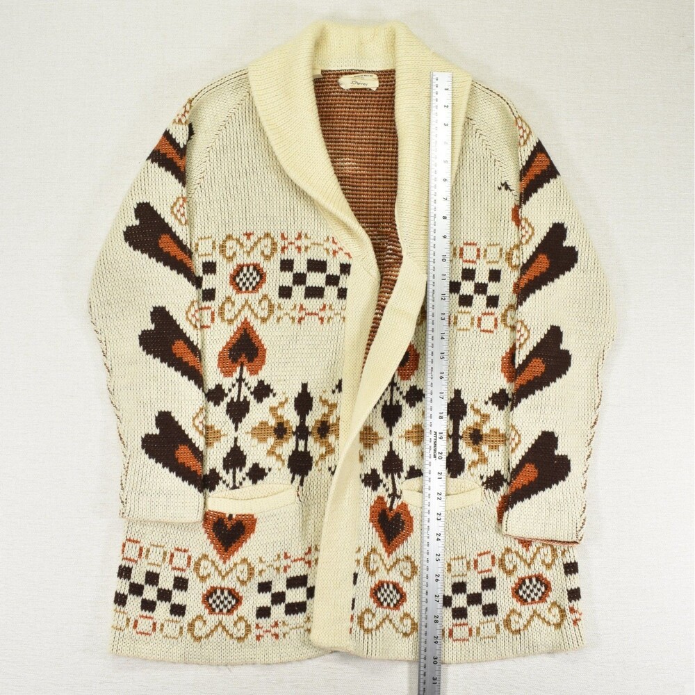 Vintage 70s JCPenney Heart Cardigan Shawl Collar Cowichan Floral Hippie Boho L - Picture 6 of 7